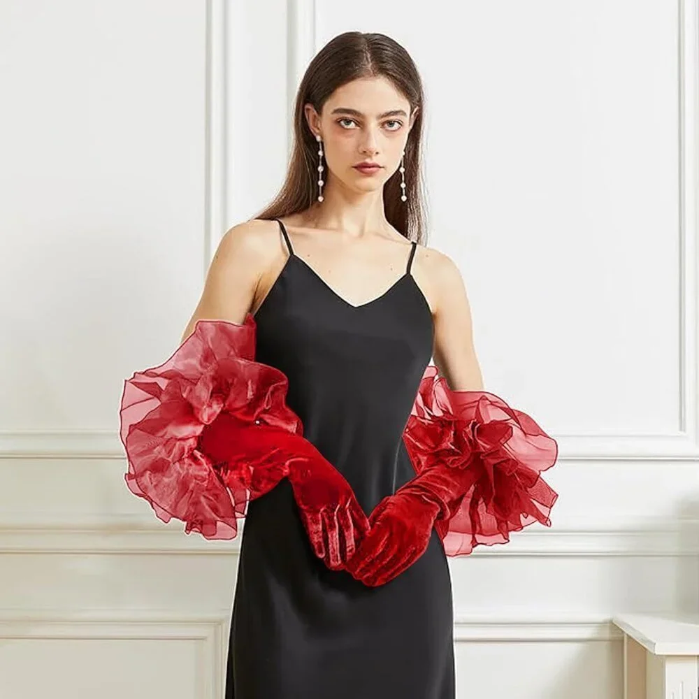 Women's Elegant Evening Dark Red Opera Velvet Ruffled Long Puff Sleeve Gloves